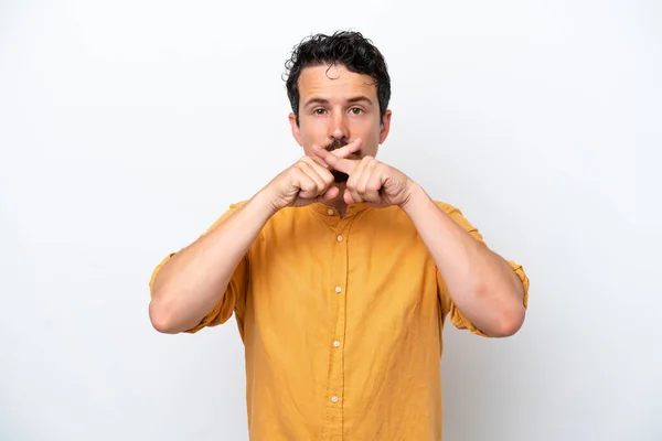 Young Man Moustache Isolated White Background Showing Sign Silence Gesture — Zdjęcie stockowe