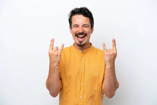 Young Man Moustache Isolated White Background Making Horn Gesture — Foto de Stock