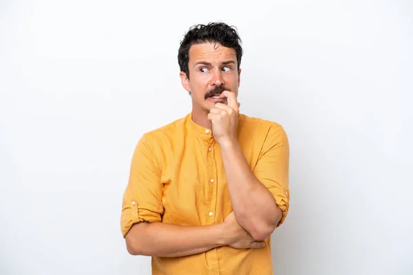 Young Man Moustache Isolated White Background Nervous Scared —  Fotos de Stock