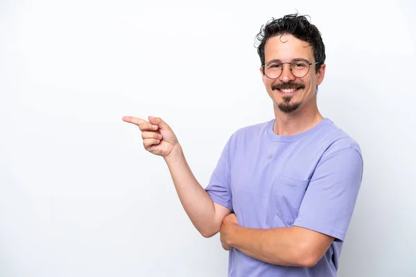 Young Man Moustache Isolated White Background Pointing Finger Side — Foto de Stock