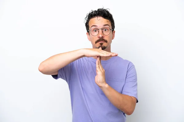Young Man Moustache Isolated White Background Making Time Out Gesture —  Fotos de Stock