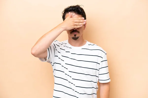Young Caucasian Man Isolated Beige Background Covering Eyes Hands Want — Stock fotografie