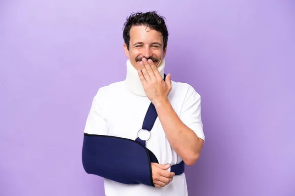 Young Caucasian Man Wearing Sling Neck Brace Isolated Purple Background —  Fotos de Stock