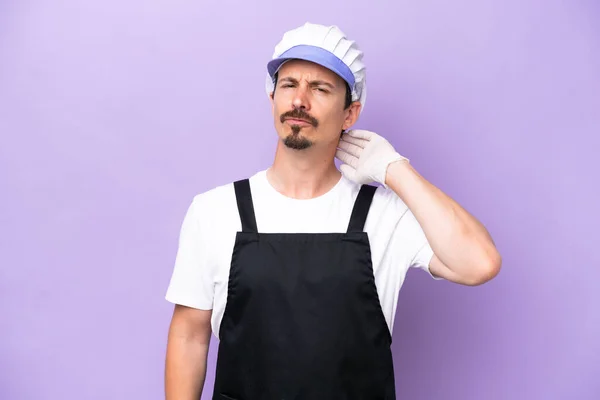 Fishmonger Man Wearing Apron Isolated Purple Background Having Doubts — Zdjęcie stockowe