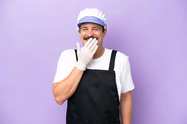 Fishmonger Man Wearing Apron Isolated Purple Background Happy Smiling Covering — Zdjęcie stockowe