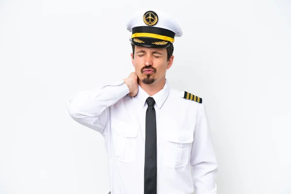 Airplane Caucasian Pilot Isolated White Background Neckache — Stockfoto