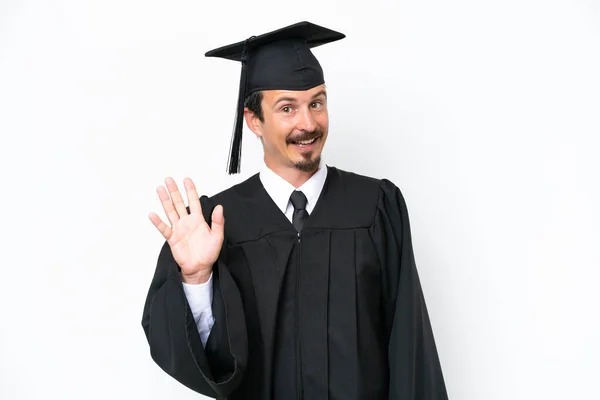 Young University Graduate Man Isolated White Background Saluting Hand Happy — Stock Fotó