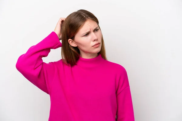 Young English Woman Isolated White Background Having Doubts While Scratching — Stock Photo, Image