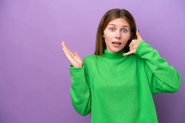 Young English Woman Isolated Purple Background Making Phone Gesture Doubting — Fotografia de Stock
