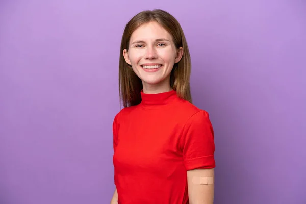 Young English Woman Wearing Band Aids Isolated Purple Background Smiling — Zdjęcie stockowe