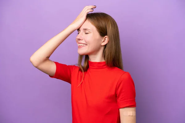 Young English Woman Wearing Band Aids Isolated Purple Background Has — Stockfoto