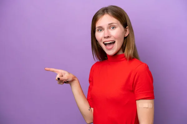 Young English Woman Wearing Band Aids Isolated Purple Background Surprised — Fotografia de Stock