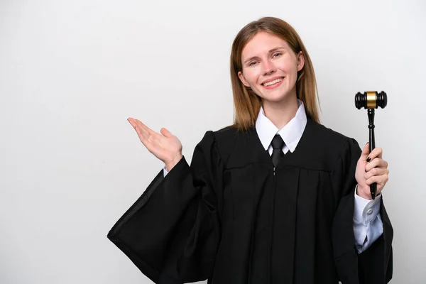 Judge English Woman Isolated White Background Extending Hands Side Inviting — 스톡 사진