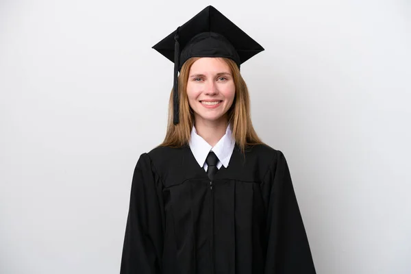 Jonge Universiteit Afgestudeerd Engels Vrouw Geïsoleerd Witte Achtergrond Lachen — Stockfoto