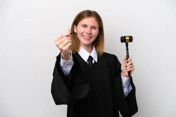 Judge English Woman Isolated White Background Making Money Gesture — Stock Photo, Image