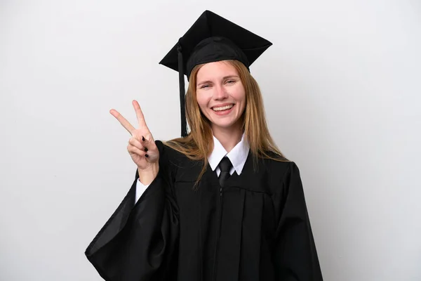 Young University Graduate English Woman Isolated White Background Smiling Showing — Foto de Stock
