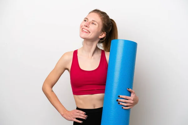 Young Sport English Woman Going Yoga Classes While Holding Mat — Stock Fotó