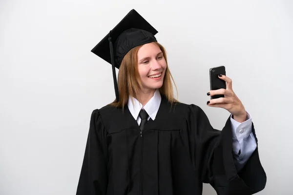 Young University Graduate English Woman Isolated White Background Making Selfie — Stok fotoğraf