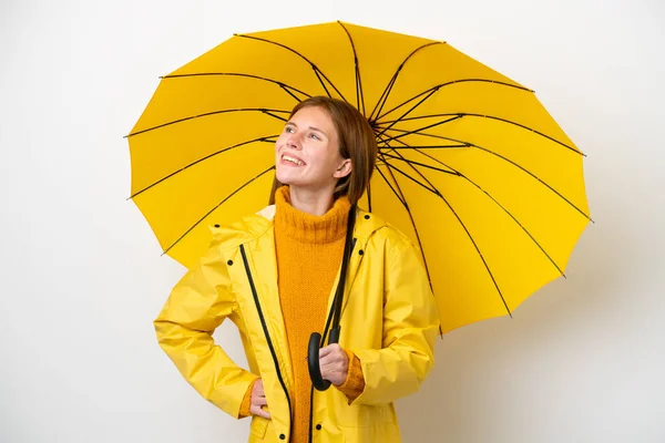 Young English Woman Rainproof Coat Umbrella Isolated White Background Posing — Foto de Stock