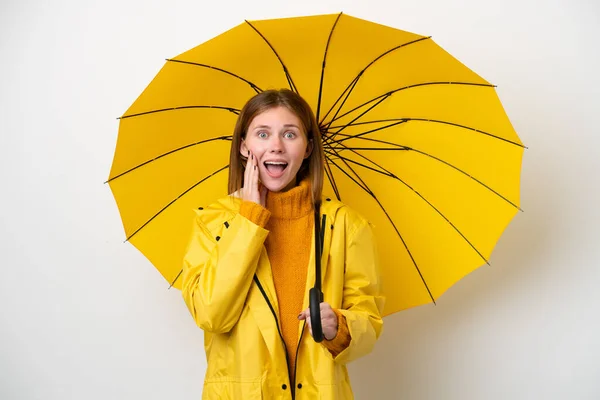Young English Woman Rainproof Coat Umbrella Isolated White Background Surprise — Foto de Stock