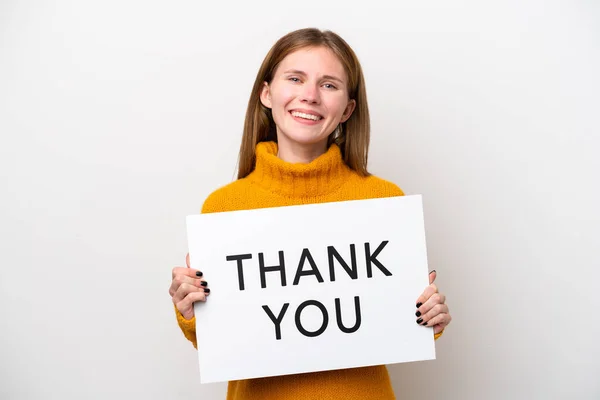 Young English Woman Isolated White Background Holding Placard Text Thank — Zdjęcie stockowe