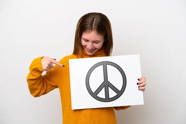 Young English Woman Isolated White Background Holding Placard Peace Symbol — Zdjęcie stockowe