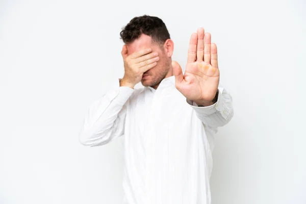 Young Caucasian Handsome Man Isolated White Background Making Stop Gesture — Stock fotografie