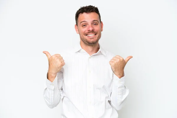 Young Caucasian Handsome Man Isolated White Background Thumbs Gesture Smiling — Stok fotoğraf