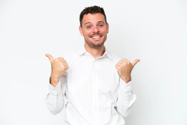 Young Caucasian Handsome Man Isolated White Background Thumbs Gesture Smiling — Stock Fotó