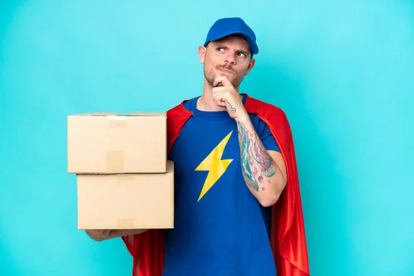 Super Hero Delivery Man Isolated Background Having Doubts Thinking — 스톡 사진