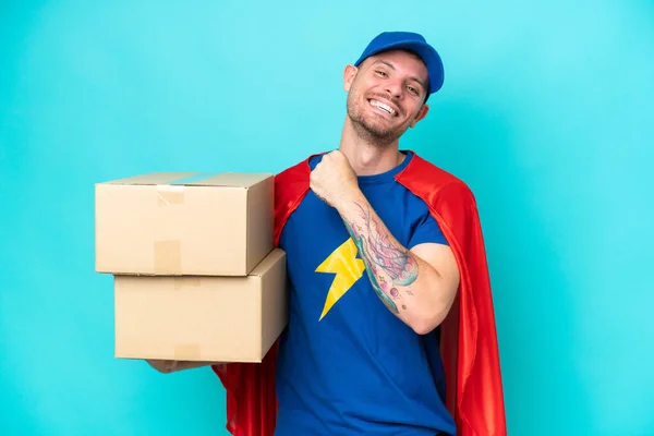 Super Hero Delivery Man Isolated Background Celebrating Victory — Stock fotografie