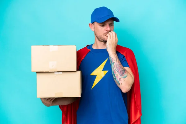 Super Hero Delivery Man Isolated Background Having Doubts — Stock fotografie