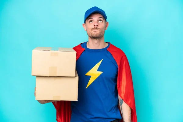 Super Hero Delivery Man Isolated Background Looking — Stock fotografie