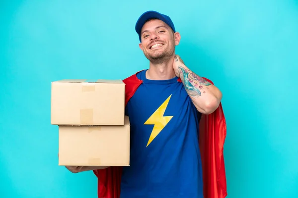 Super Hero Delivery Man Isolated Background Laughing — kuvapankkivalokuva