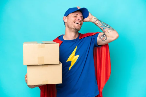 Super Hero Delivery Man Isolated Background Has Realized Something Intending — Stock fotografie