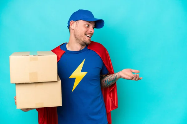 Super Hero Delivery Man Isolated Background Surprise Expression While Looking — Stock fotografie