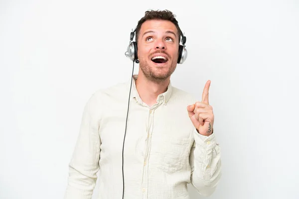 Telemarketer Caucasian Man Working Headset Isolated White Background Pointing Surprised — Stok fotoğraf