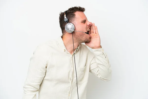 Telemarketer Caucasian Man Working Headset Isolated White Background Shouting Mouth — Stockfoto