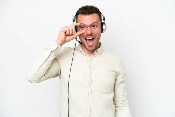 Telemarketer Caucasian Man Working Headset Isolated White Background Glasses Surprised — Stockfoto