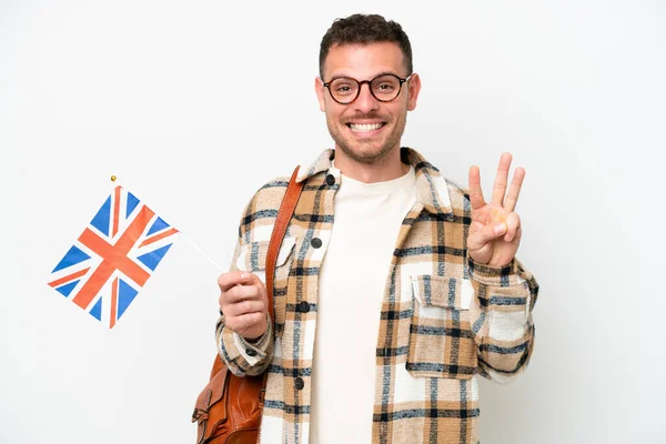 Young Hispanic Man Holding United Kingdom Flag Isolated White Background — Fotografia de Stock