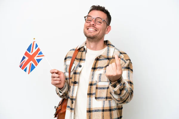 Young Hispanic Man Holding United Kingdom Flag Isolated White Background — 스톡 사진