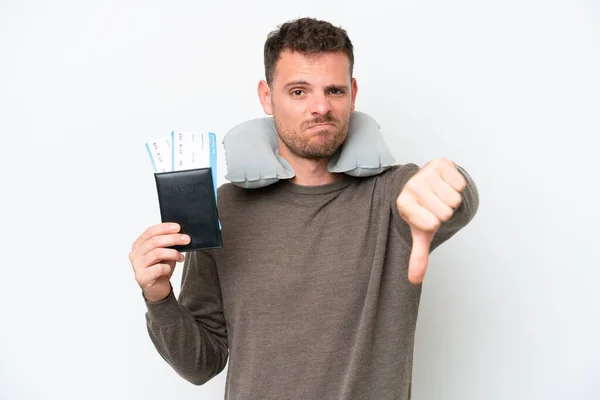 Young Caucasian Man Holding Passport Isolated White Background Showing Thumb — Stock fotografie