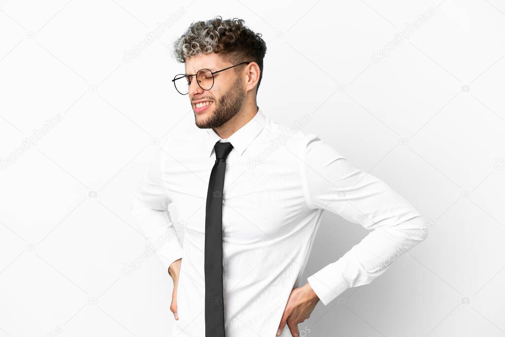 Business caucasian man isolated on white background suffering from backache for having made an effort