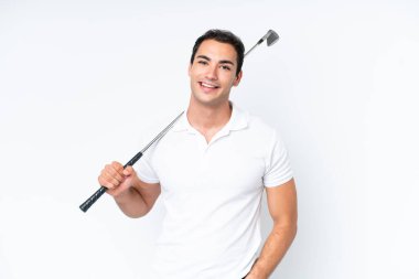 Young caucasian man isolated on white background playing golf