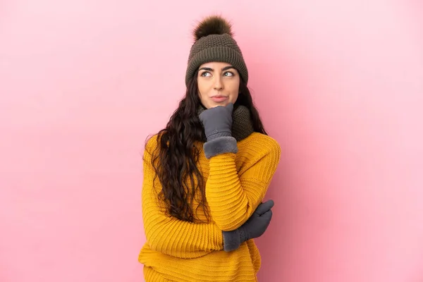 Young Caucasian Girl Winter Hat Isolated Purple Background Looking — Stok fotoğraf