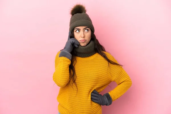 Young Caucasian Girl Winter Hat Isolated Purple Background Thinking Idea — 스톡 사진