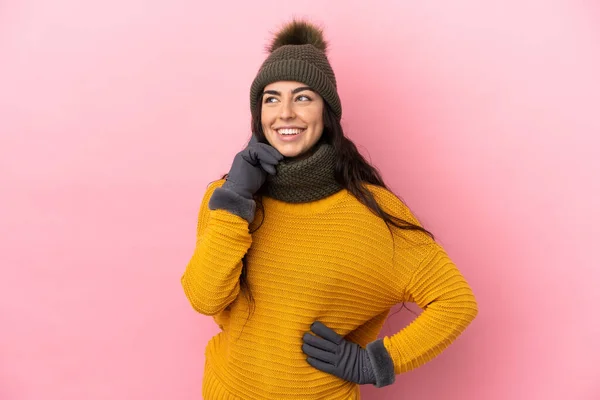 Young Caucasian Girl Winter Hat Isolated Purple Background Thinking Idea — Stock fotografie