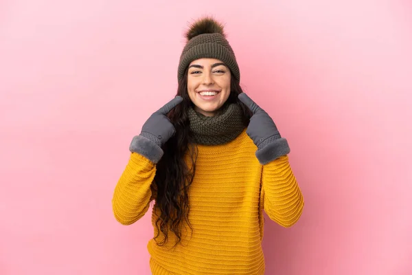 Young Caucasian Girl Winter Hat Isolated Purple Background Giving Thumbs — Fotografia de Stock