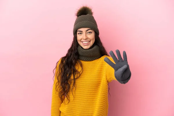 Young Caucasian Girl Winter Hat Isolated Purple Background Happy Counting — Fotografia de Stock