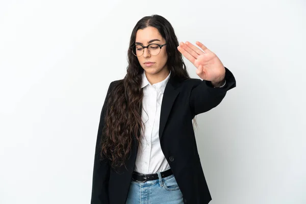 Young Business Woman Isolated White Background Making Stop Gesture Disappointed — Stok fotoğraf